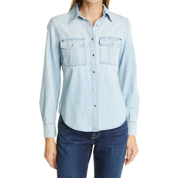 FRAME 70s Studded Denim Shirt Small Light Blue Snap Front Western LWSH1774 - Picture 3 of 10